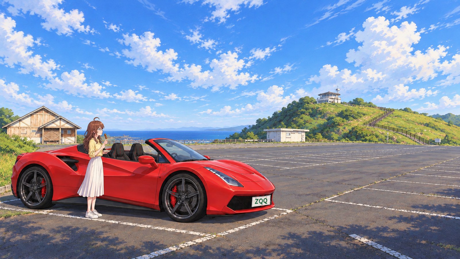 At the Kanpuzan car park in early summer, a woman in a pale yellow blouse and white skirt stands beside a red convertible, holding a skewer of Anpura Mochi and a plate as she looks up at the rotating observatory on the hill.