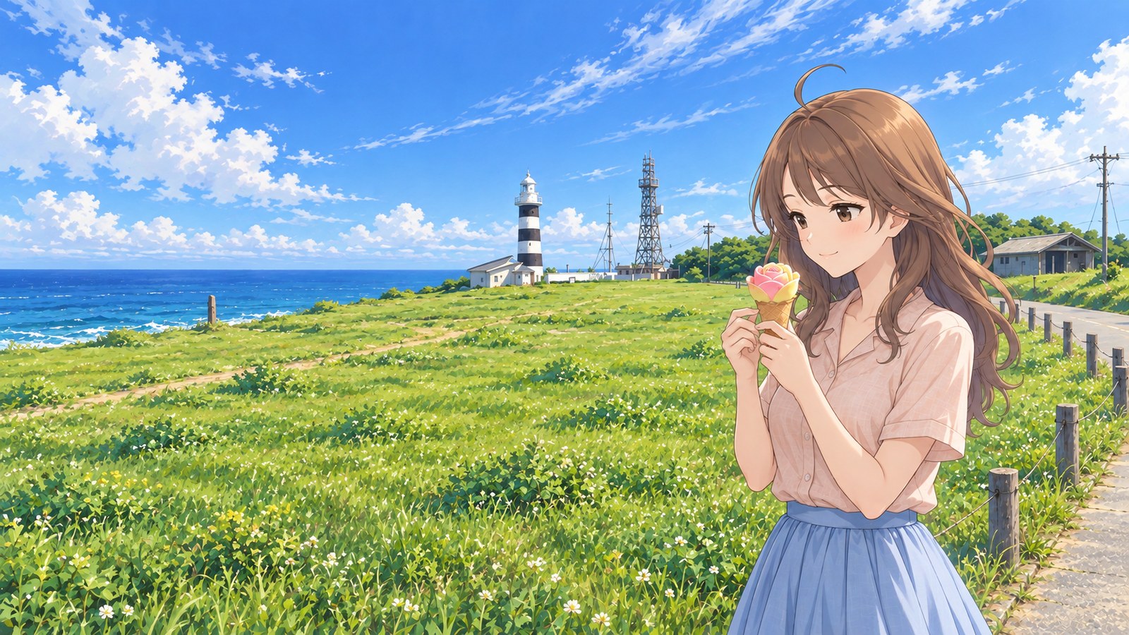 At Cape Nyudozaki in summer, a woman in a pale pink short-sleeved shirt and blue skirt gazes at rose-shaped ice cream in her hand. A black-and-white lighthouse and the Sea of Japan are visible beyond the grassland.