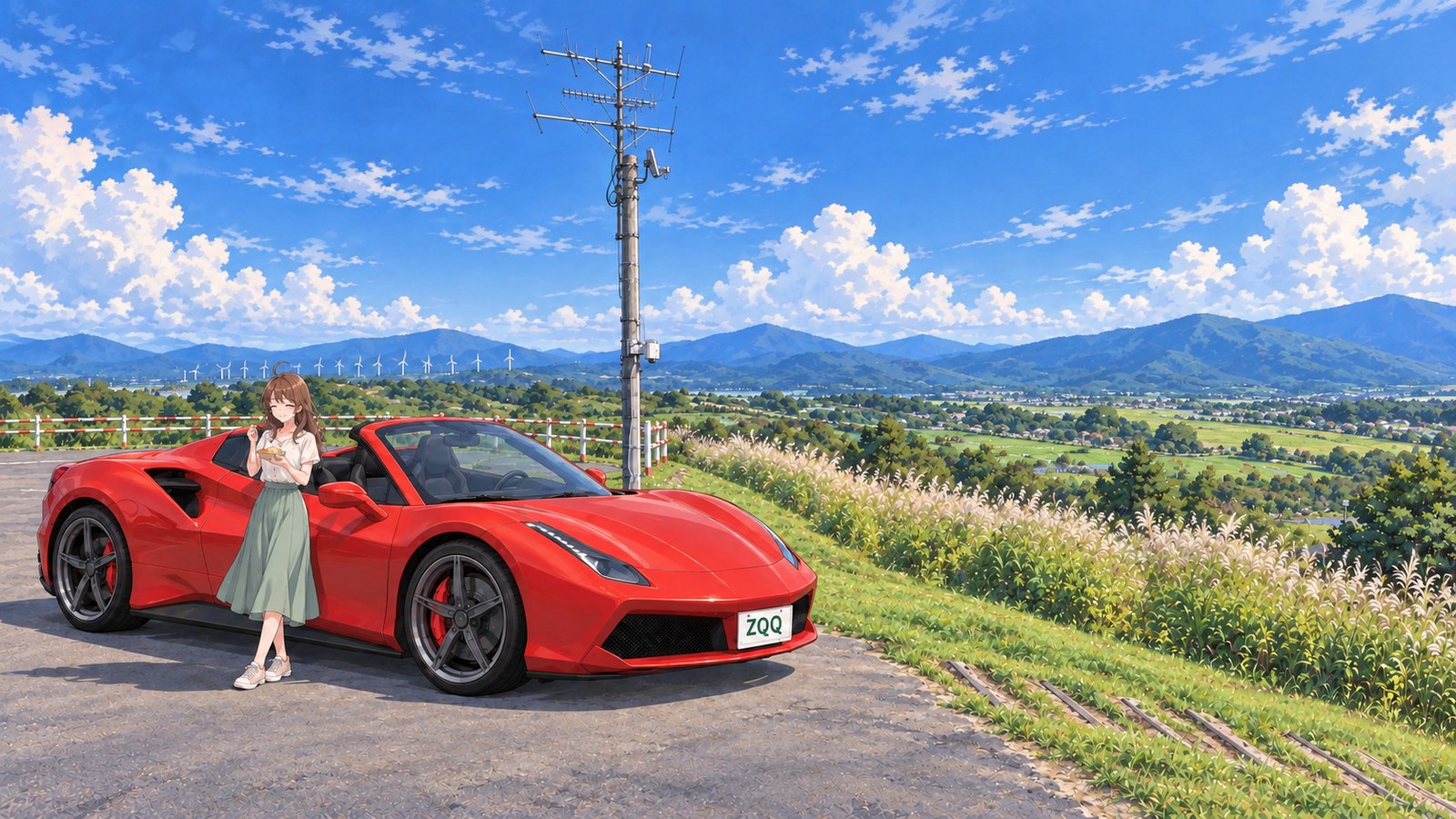 On the paved car park in the Nikaho Highlands in summer, a woman wearing a white short-sleeved blouse and long green skirt enjoys cheese beside a red convertible. Small wind turbines and a mountain range are visible beyond the grassland.