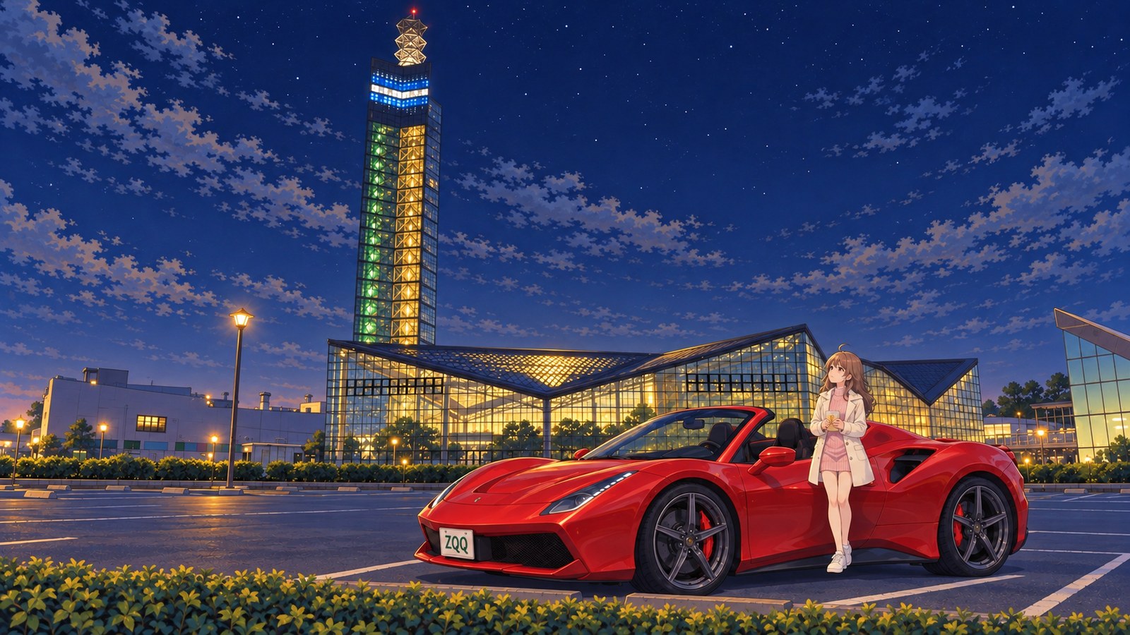 At night, a woman in a cream coat over a pink outfit stands in Selion's car park beside a red convertible, holding a parcel of butter mochi as she looks up at the tower. The glass tower and hall are lit.