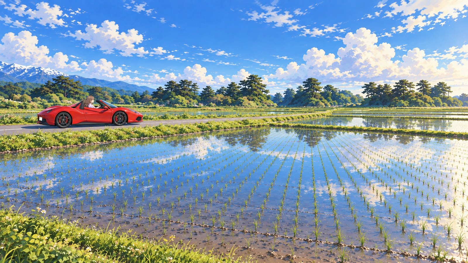 In early summer in Kisakata, a red open-top car travels from left to right along a paved road beside a flooded rice field. I’m driving with my eyes on the road; in the distance are wooded islets and a mountain with lingering snow at the far left.