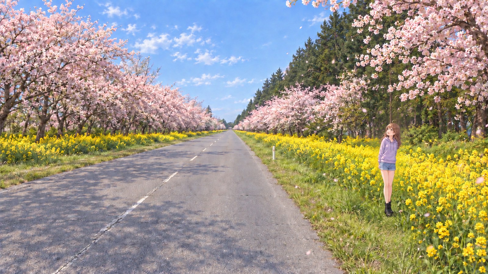 On a spring day along Sakura-Nanohana Road, a woman in a purple hoodie, denim shorts, and black boots stands by the roadside looking up at cherry blossoms. Cherry trees and yellow canola flowers line the straight road.