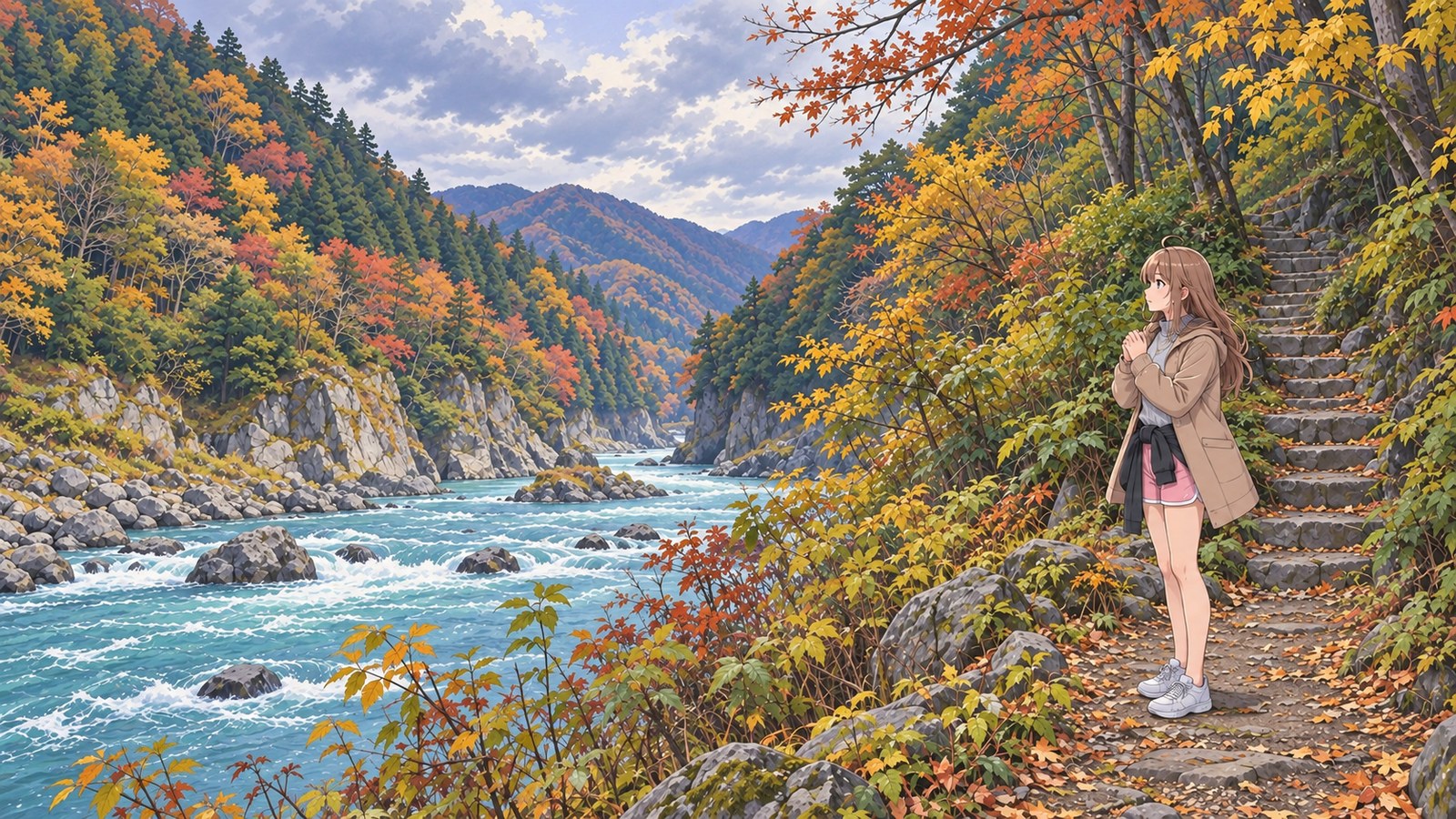 On a riverside path in autumn-colored Dakigaeri Gorge, a woman in a coat holds her hands together. To her left, a blue stream tumbles over rocks; to her right are stone steps and trees.