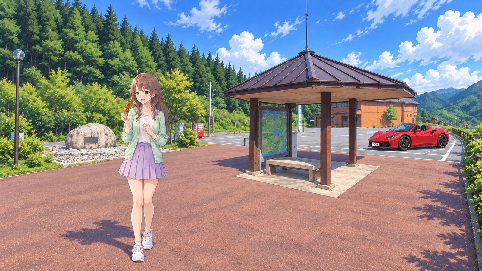 A woman in a mint cardigan and purple pleated skirt holds a skewer of konjac balls in the plaza at the Gassan Lake Water Culture Museum in early summer. A gazebo and forest are behind her, with a red open-top car visible in the car park in the distance.
