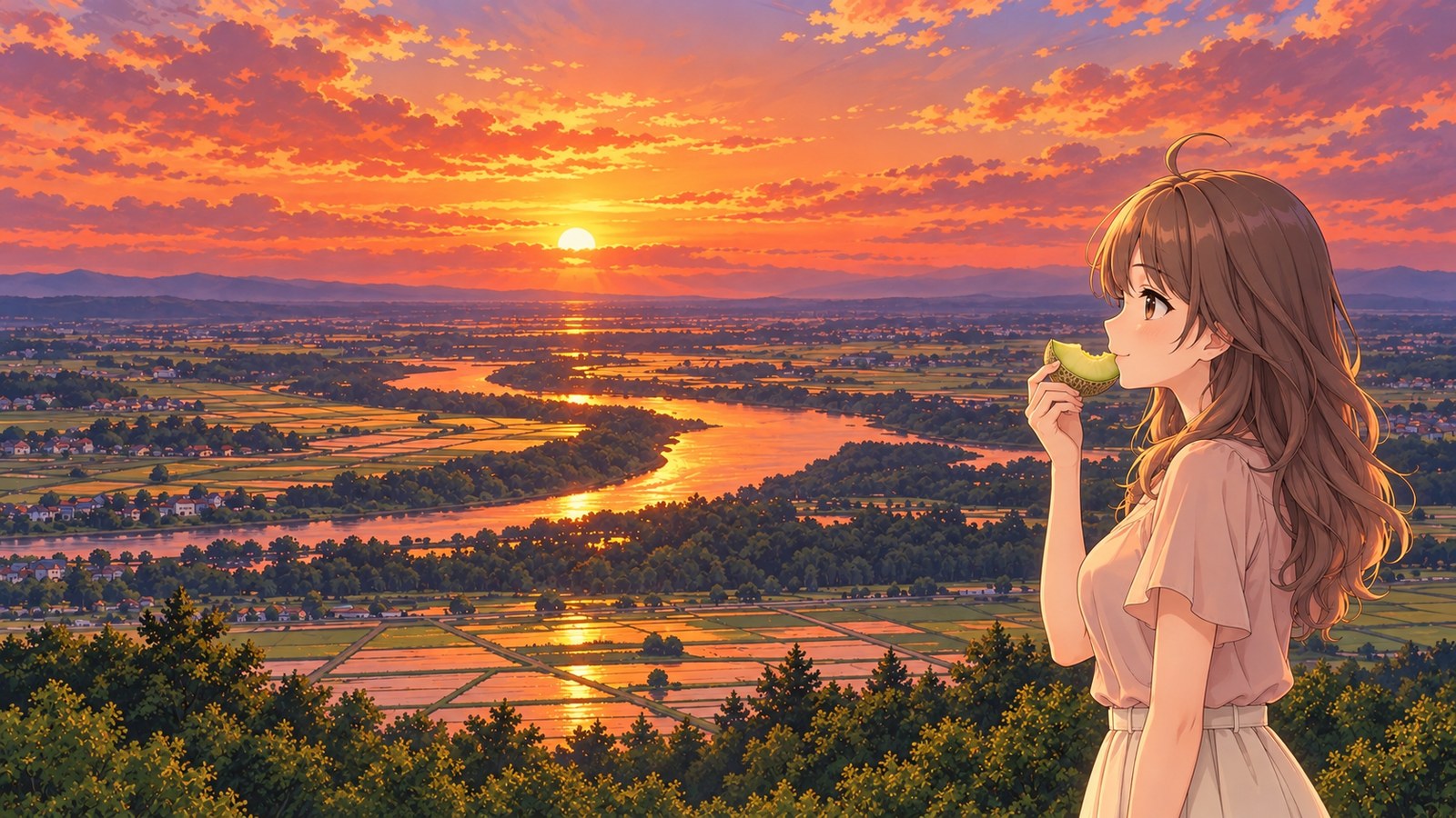 At Chōkai-no-Mori in summer, a woman in a pink short-sleeved blouse brings a slice of melon to her mouth. The Shōnai Plain stretches out before her, with the winding Mogami River reflecting the light of the setting sun.
