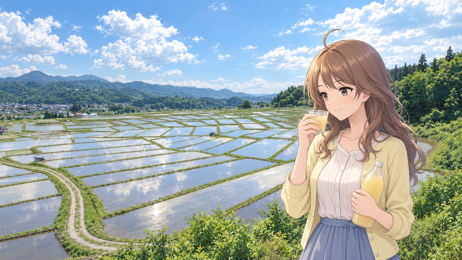 At a viewpoint overlooking Kunugidaira Rice Terraces in spring, a woman in a yellow cardigan, white blouse, and blue skirt drinks apple juice while holding a bottle in one hand. Beyond her, fan-shaped flooded rice terraces and mountain ridges stretch into the distance.