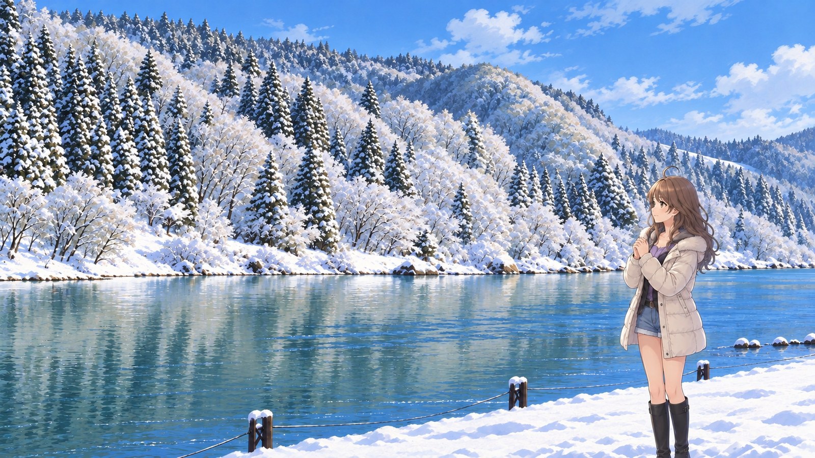 At the Mogami River, where the snow-covered opposite bank is reflected in the water, a woman in a white down coat, black tights, and long boots holds her hands together at her chest.
