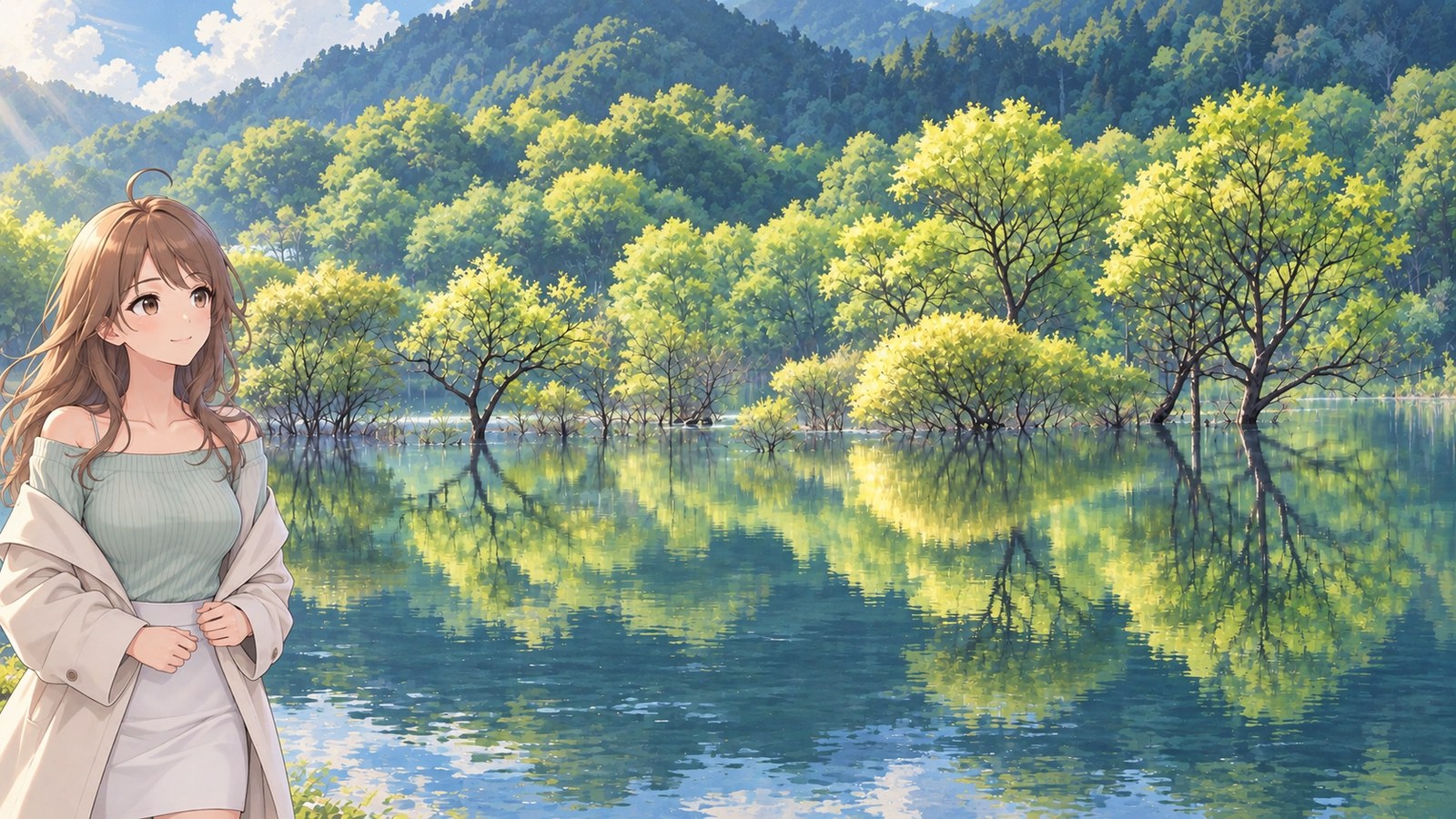 A woman in a mint-colored top and white skirt gently pulls the front of her cream-colored coat together as she looks out at the submerged forest at Shirakawa Lake