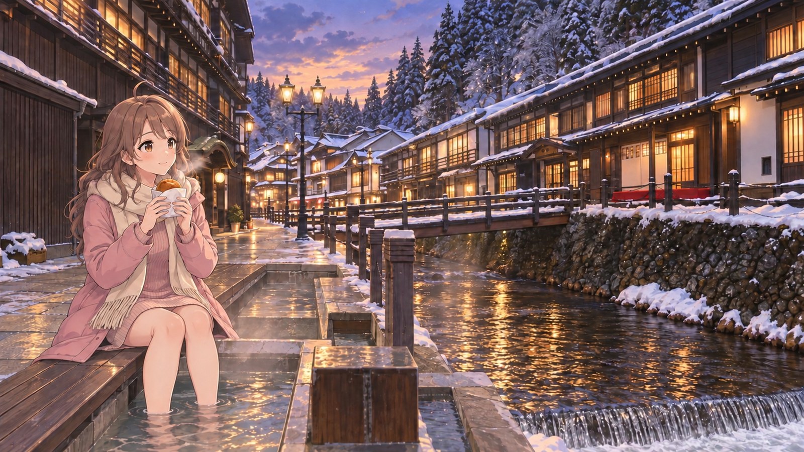 A woman sits with her feet in a riverside footbath in snowy Ginzan Onsen, taking a bite of hot curry bread and breathing out a puff of steam, with gas lamps and wooden inns behind her