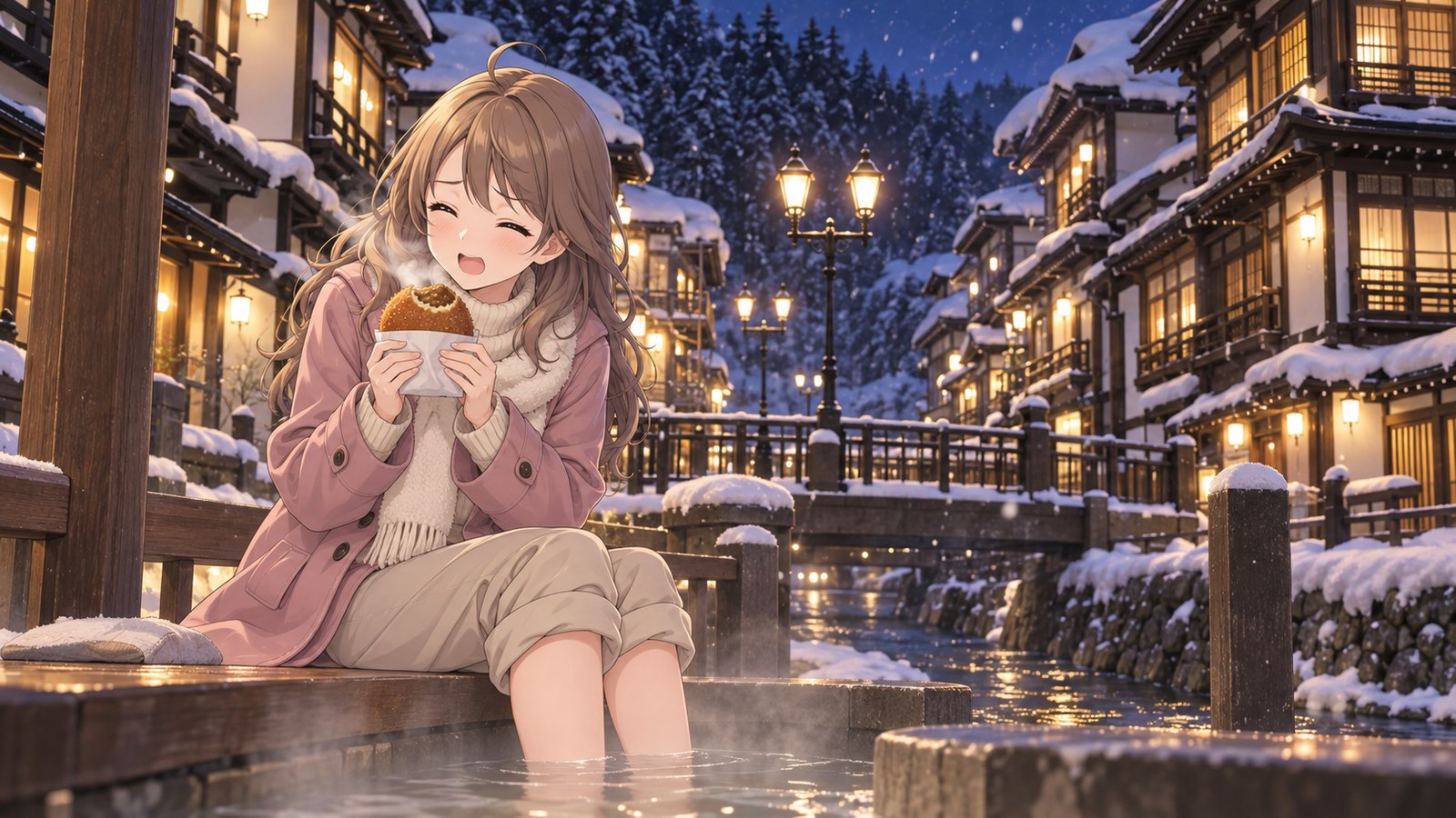 雪の銀山温泉で、ガス灯と木造の旅館を背に川沿いの足湯へ足をひたし、熱いカリーパンをほおばって湯気をはく主人公