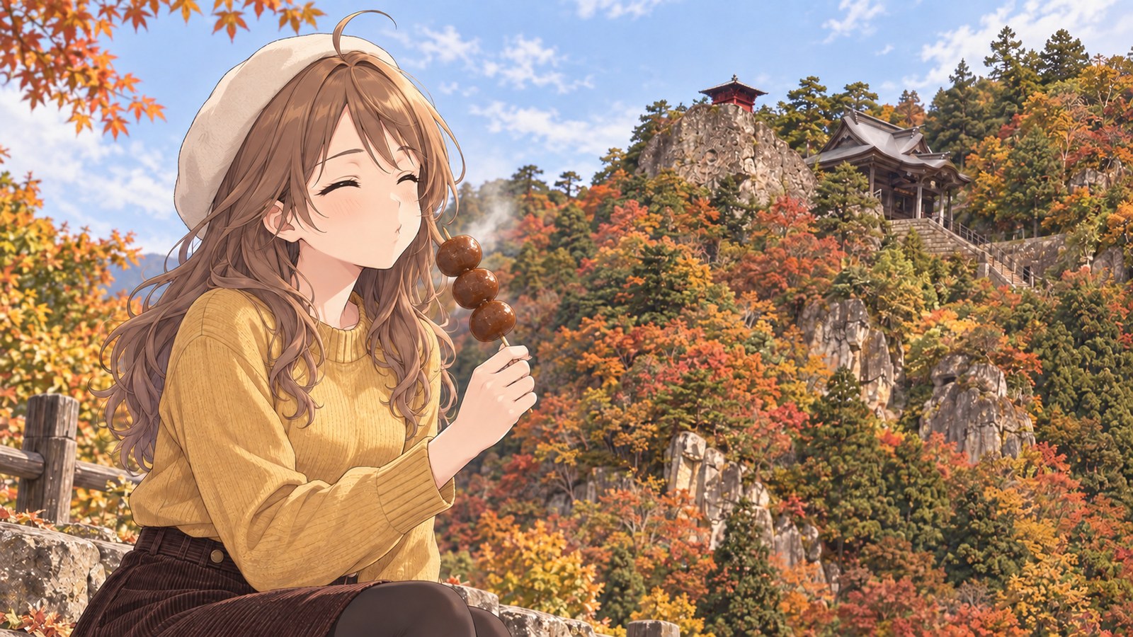 紅葉の岩山に立つ山寺の五大堂と納経堂を背に、串の力こんにゃくをふうふう冷ます主人公