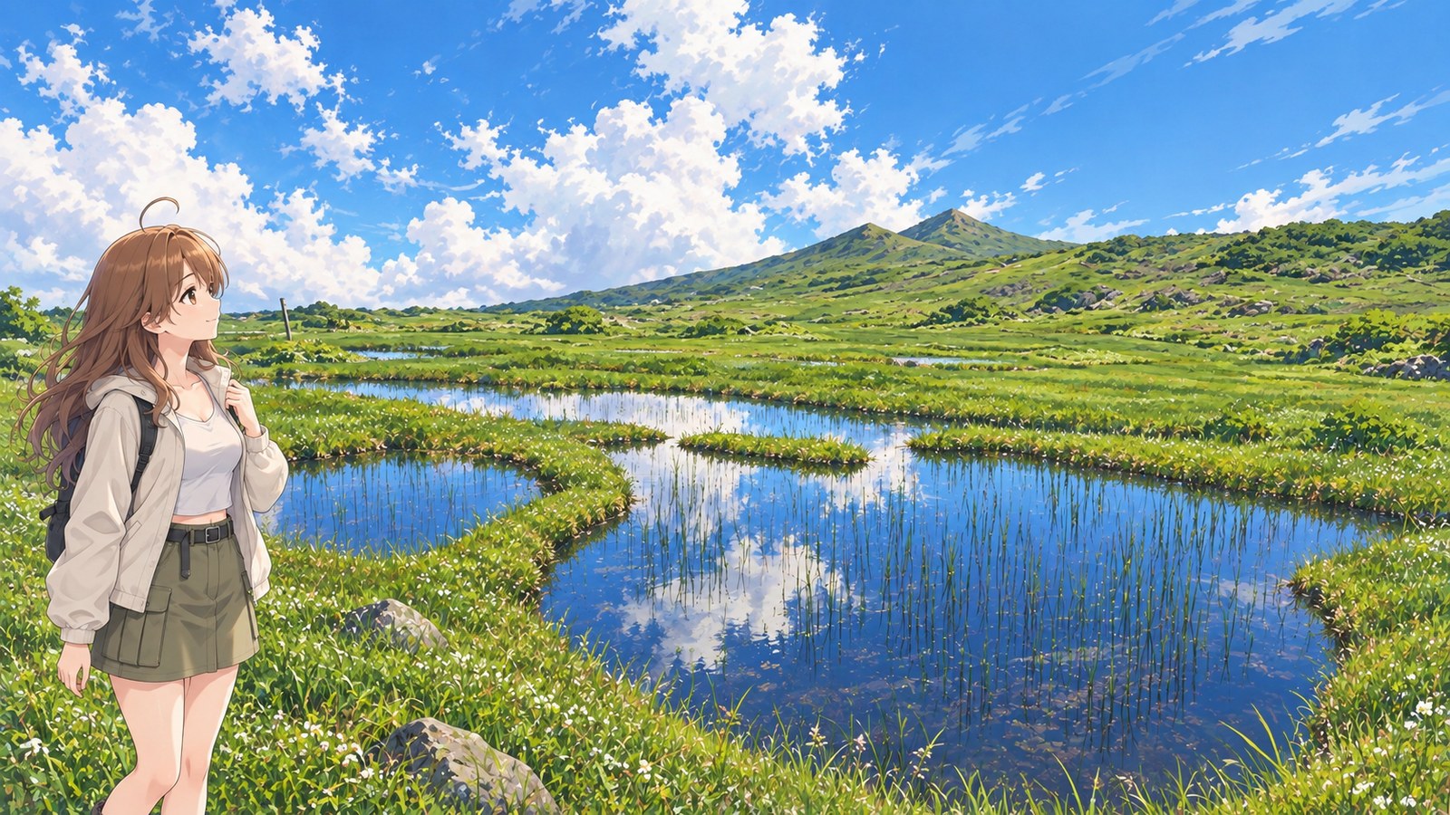 At Midagahara at Mt. Gassan’s 8th Station in summer, a woman gazes into a pool, one hand holding the collar of her cream-colored jacket. She wears a white top, khaki skirt and light-colored leggings. Clouds are reflected in the pool, ringed by grass.