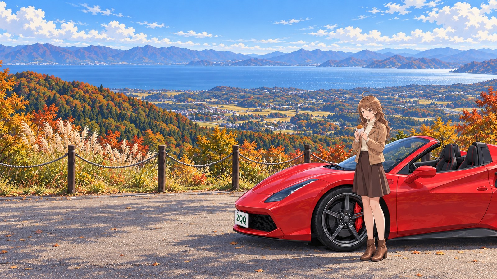 A woman in a camel-coloured jacket and brown skirt holds tempura manju in both hands beside her parked red car in the car park at Sankodai