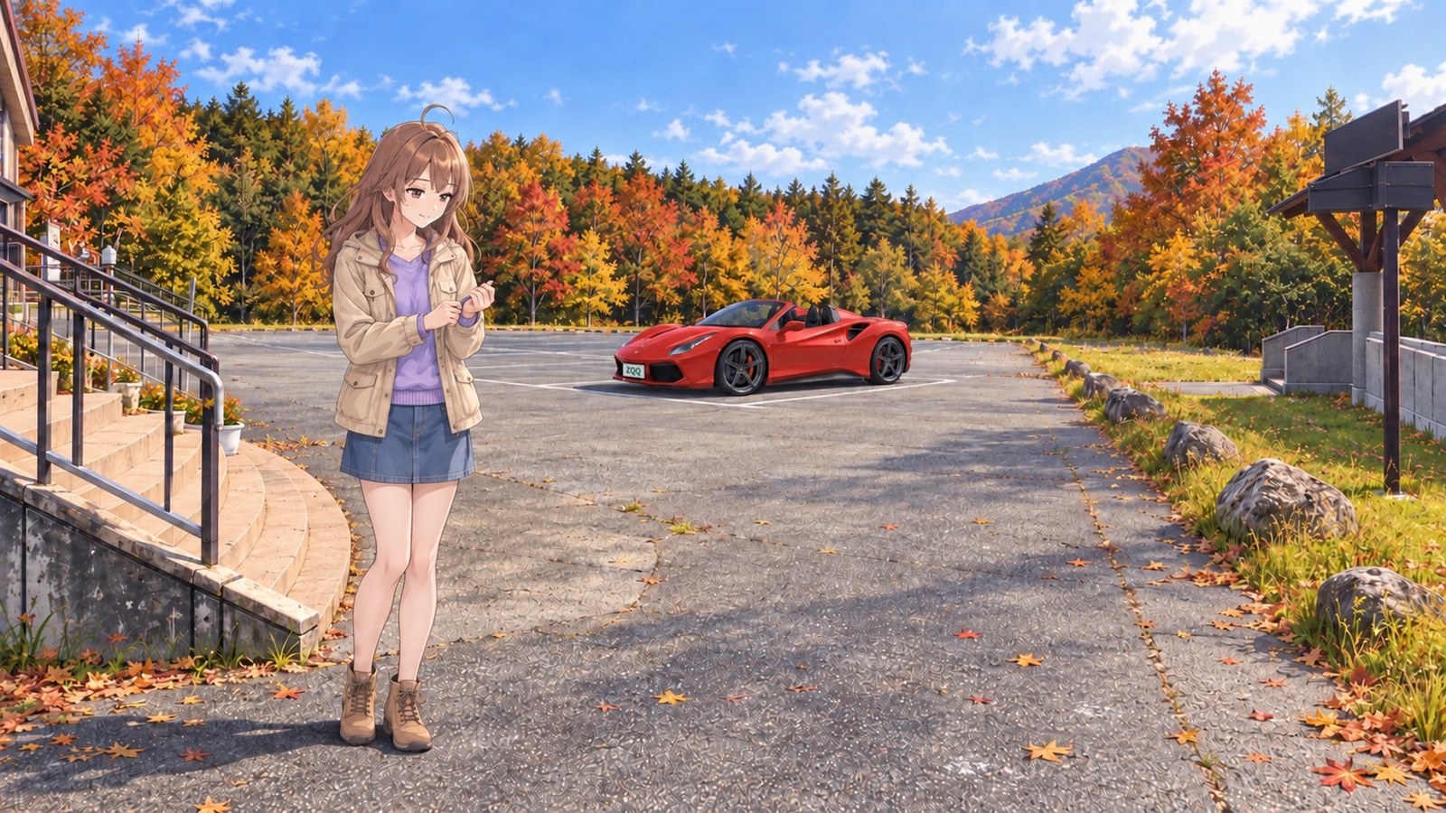 A woman in a beige jacket, lavender knit top and denim skirt adjusts her cuffs in the car park, surrounded by autumn leaves at the Nakatsugawa Gorge Rest House.
