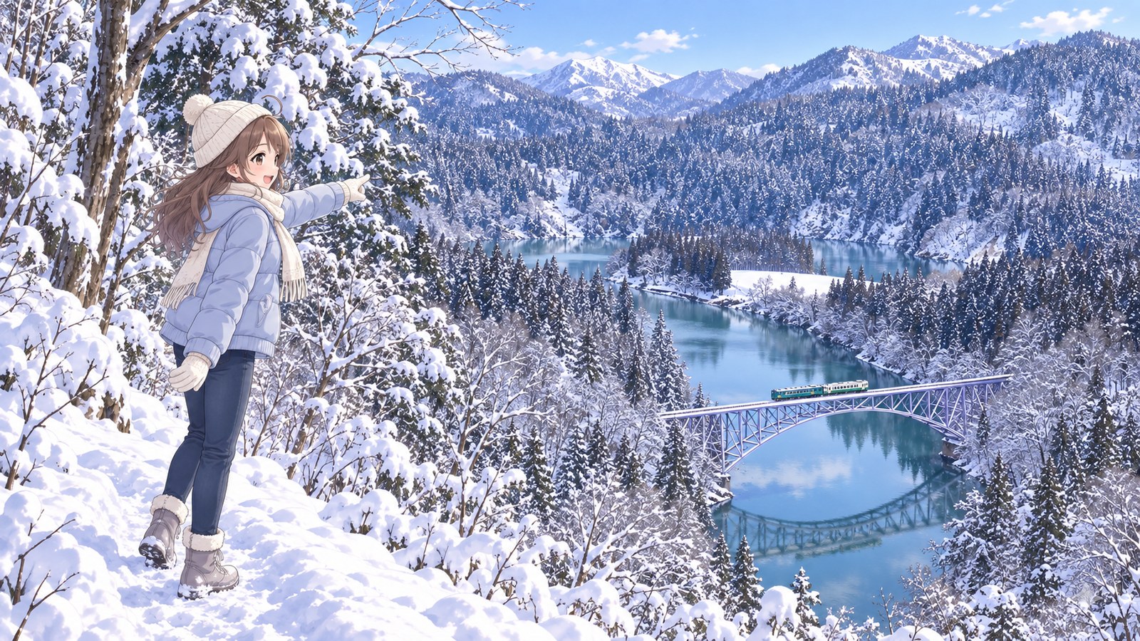 雪の只見川に架かるアーチ橋と川面への映り込み。橋を渡る2両の列車を高台から指さして喜ぶ主人公