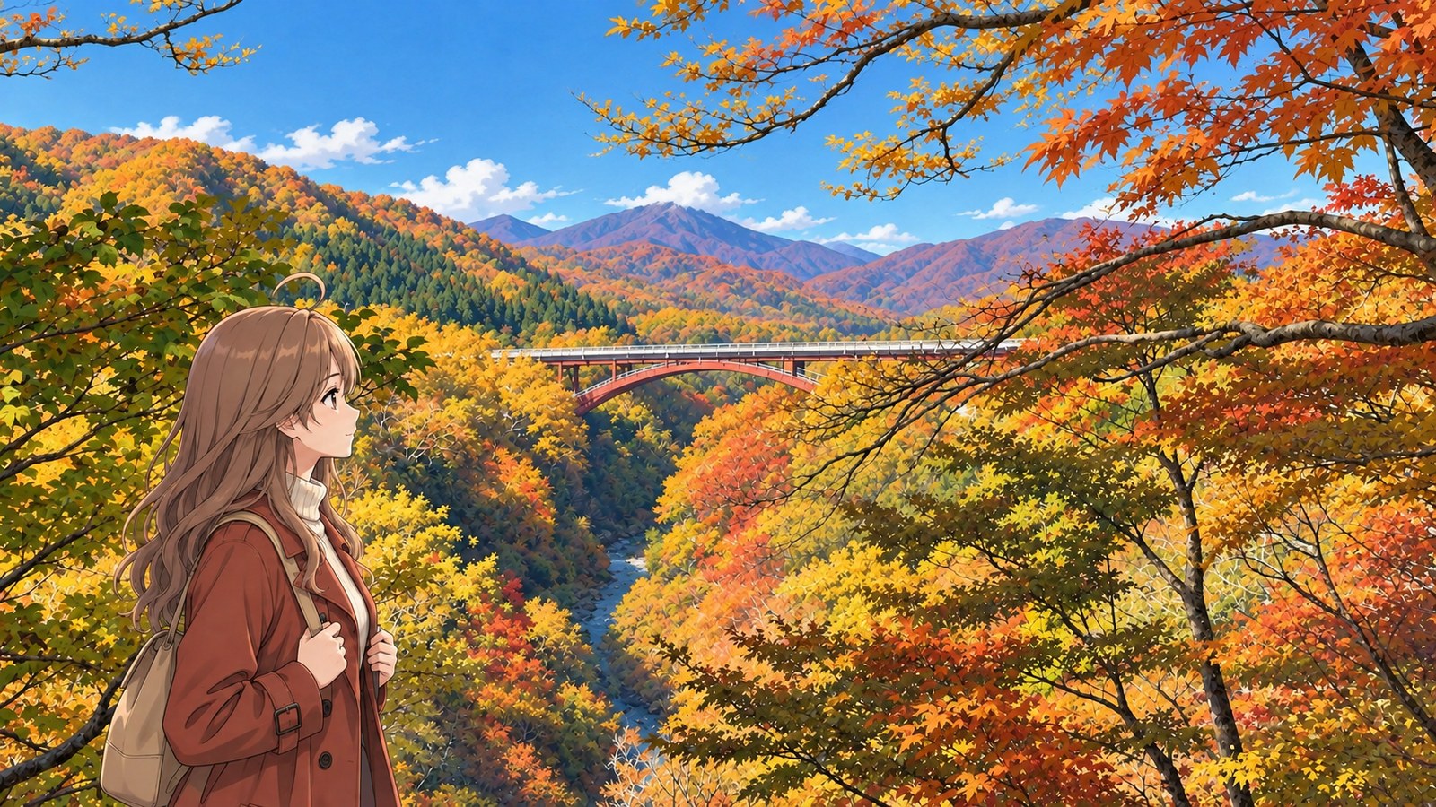 A woman in a rust-red trench coat and cream turtleneck stands with both hands on her bag straps, taking in the autumn leaves and the red arch of Yukiwari Bridge in Yukiwari Gorge.