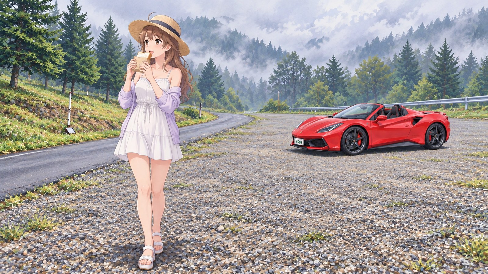 A woman in a straw hat, white dress, and lavender cardigan eating a cream box in the gravel car park at misty Nunobiki Highland