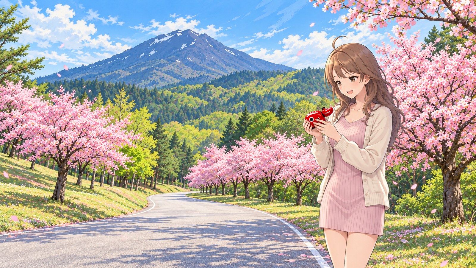 With a cherry-lined path and Mount Bandai still holding snow behind her, a woman in a pale pink ribbed dress and cream cardigan looks at a small akabeko held in both hands
