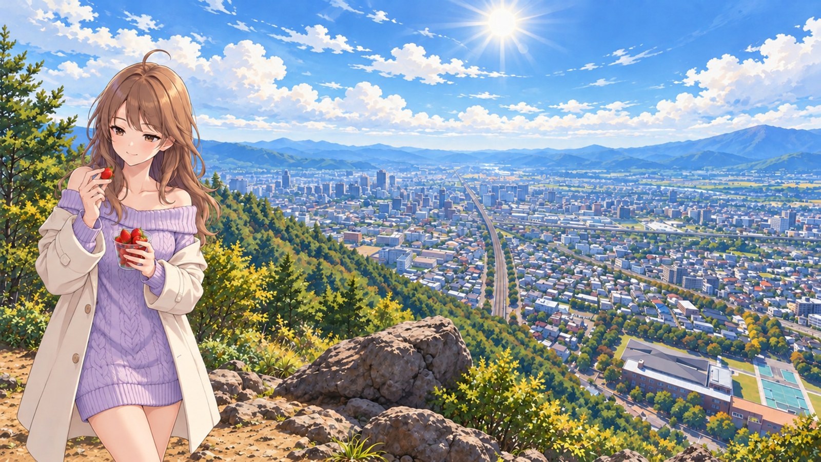 A woman in a lavender knit dress and cream coat stands at Karasugasaki Lookout, looking over Fukushima City and its straight railway line. She holds a cup in one hand and brings a strawberry to her lips with the other.