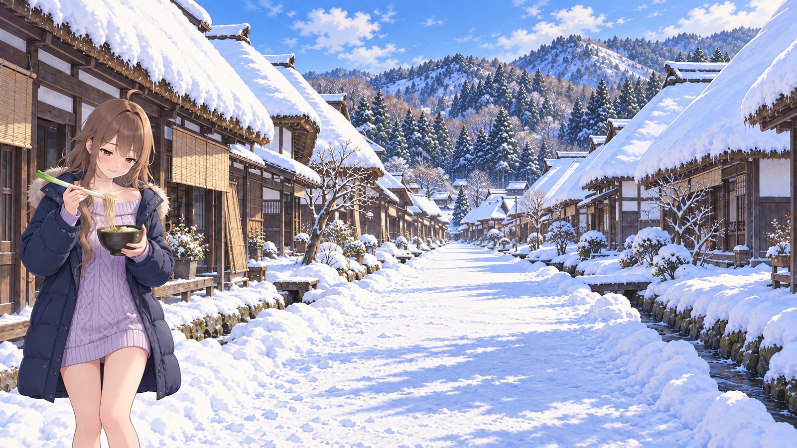 On a snow-covered street in Ouchi-juku, a woman in a navy down coat and lavender sweater lifts soba with a long green onion while holding a bowl in one hand. Snow-covered thatched roofs and water channels line both sides of the street.