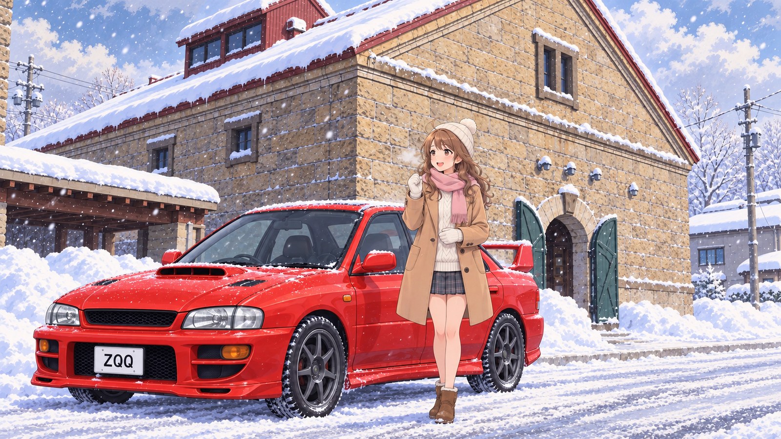 雪の積もった赤い屋根の石倉庫の前で、赤い四駆のセダンの横に立ち、お腹に手を当てて満足そうに白い息をはく主人公