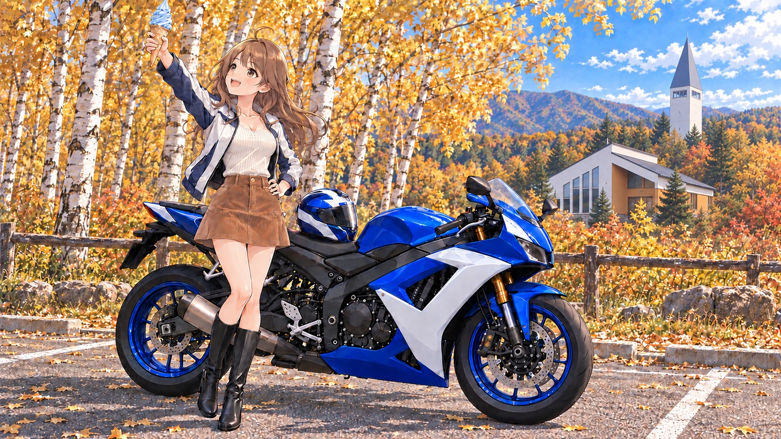 黄色く色づいた白樺の前で、ヘルメットをシートに置いた青と白のバイクのそばに立ち、水色のソフトクリームを空にかざし、それを見上げて得意げに笑う主人公