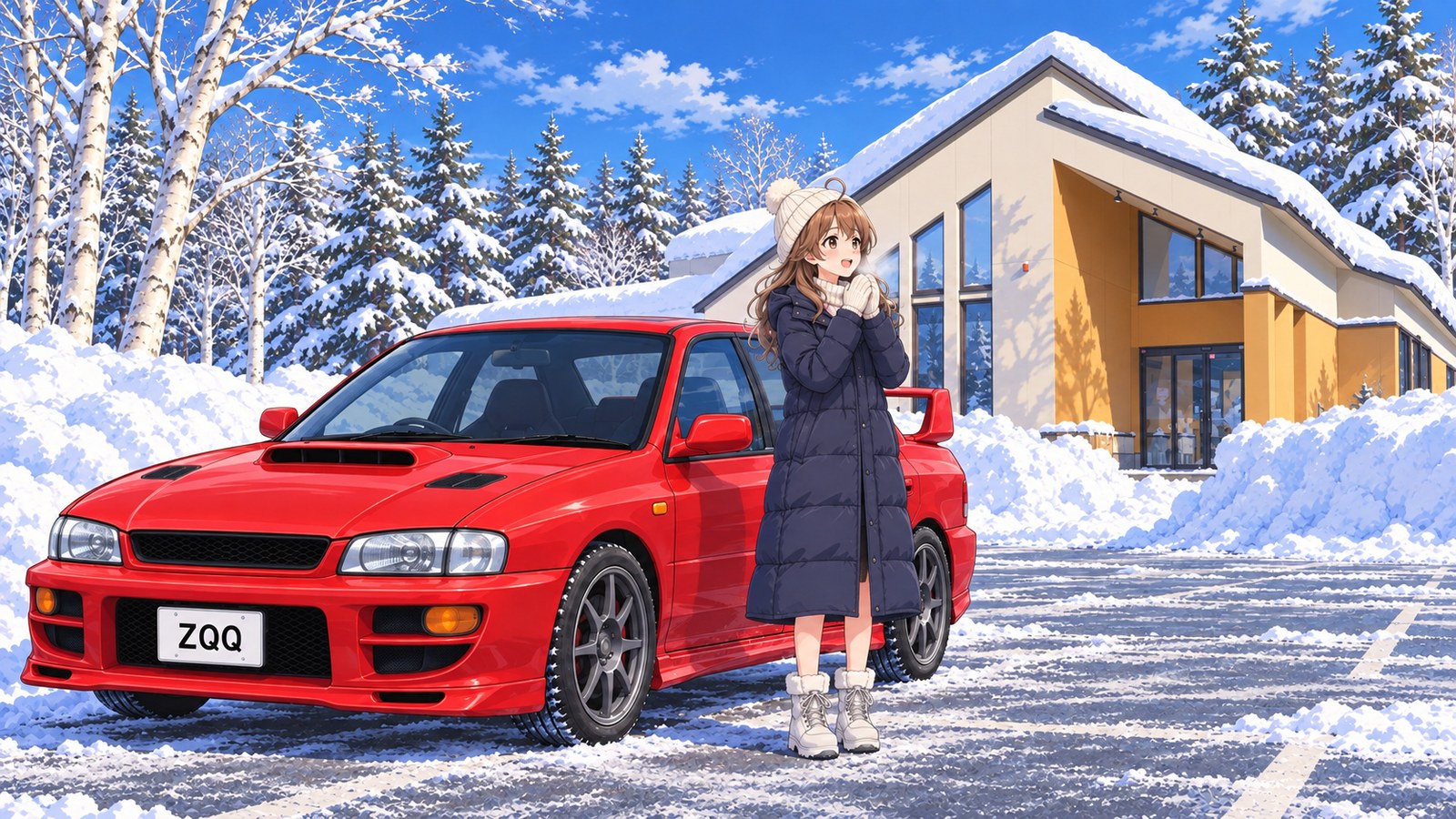 屋根に雪の積もった道の駅と雪の森を背に、除雪された駐車場の赤い四駆のセダンの横で、手に息を吹きかけて笑う主人公