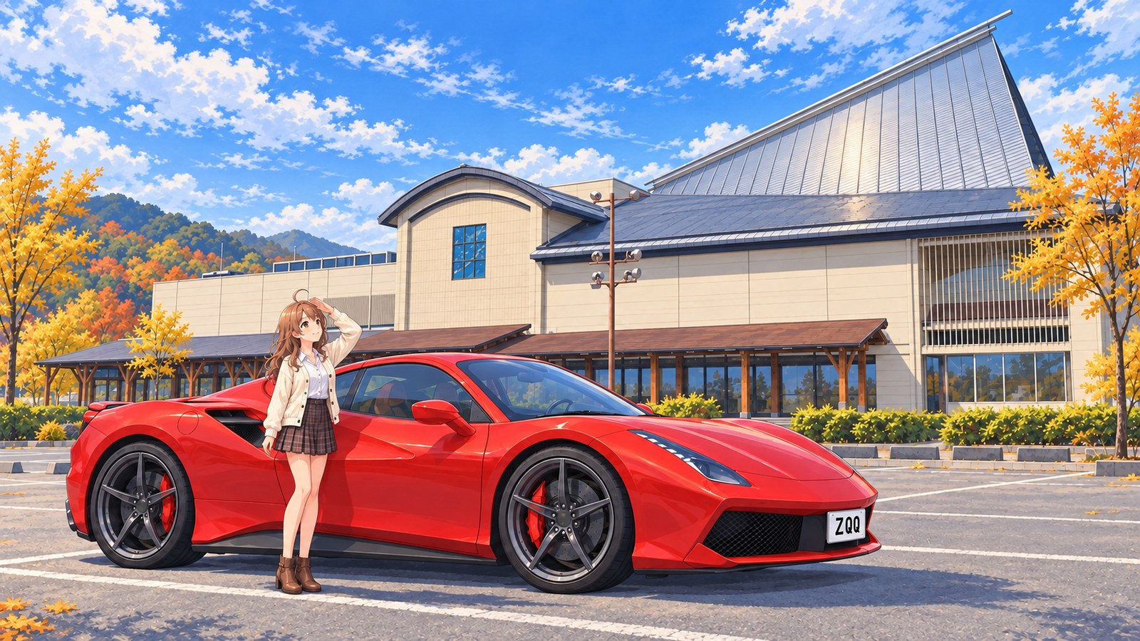 A woman parks a red convertible with the top up in front of a roadside station with a roof that sweeps up like a sail. She shades her eyes as she looks up at it. Trees with golden leaves and a blue autumn sky.