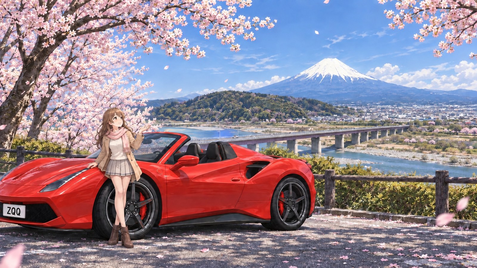 Sous les cerisiers en pleine floraison, la conductrice a garé un cabriolet rouge, capote ouverte, et tend la main vers les pétales qui s’envolent. Derrière la rivière Fujikawa et un long pont, le mont Fuji est encore couvert de neige.