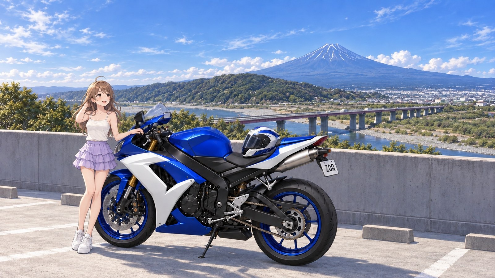 A woman stands beside a blue-and-white motorcycle on the rooftop of a multi-storey car park, smiling up at Mount Fuji in summer across the Fuji River and a long bridge. Her helmet is on the motorcycle seat.