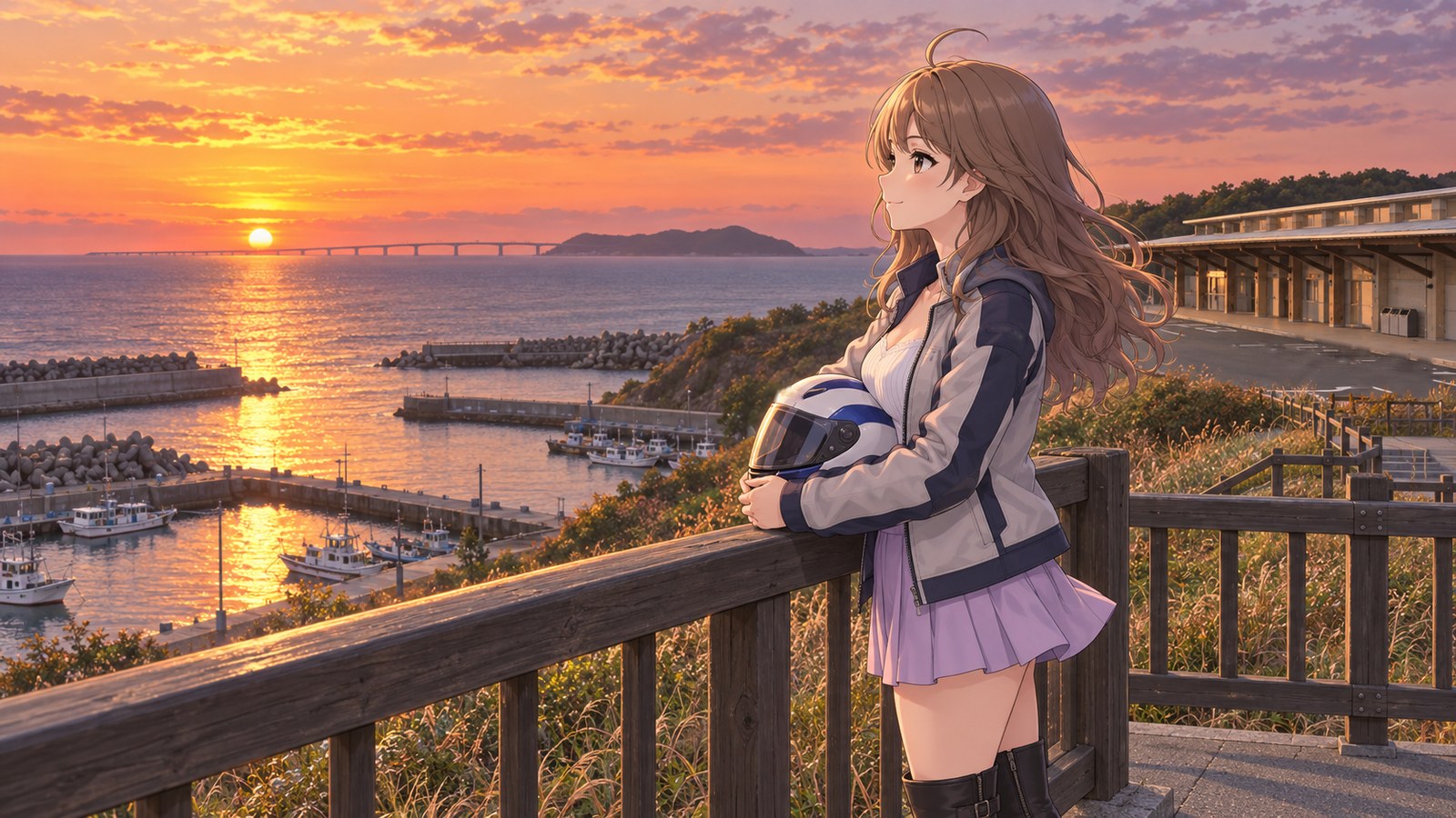 道の駅の展望テラスの手すりのそばで、ヘルメットを抱えて海に沈む夕日を見つめる主人公。眼下に夕日に染まる漁港、水平線に角島大橋と島の影