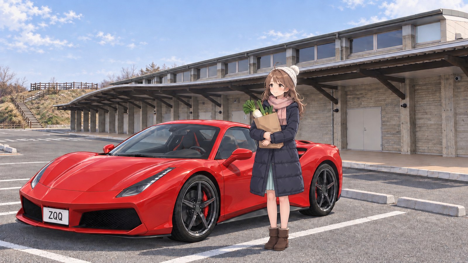 翼のように反った屋根の道の駅の前に、屋根を閉じた赤いオープンカーを停め、大根と長ねぎがのぞく紙袋を抱えてほほえむ主人公。白いニット帽にピンクのマフラー