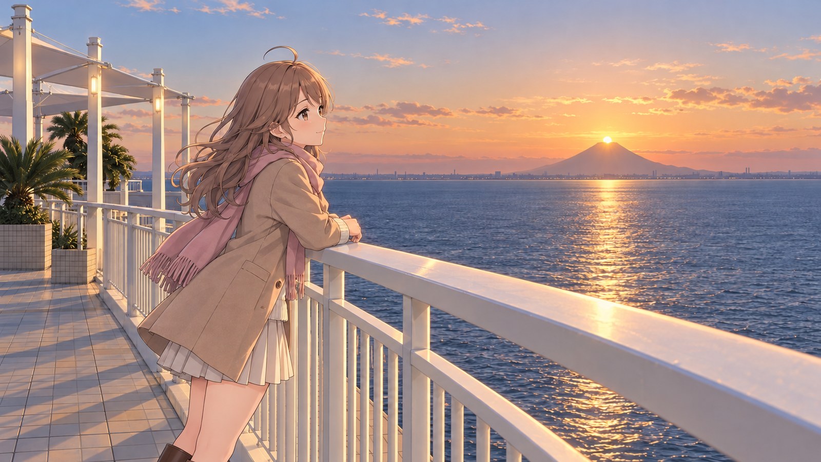 A woman rests her arms on the observation deck railing at Umihotaru, watching the setting sun line up with the summit of Mount Fuji across the water—a Diamond Fuji—with a path of light stretching across the sea.